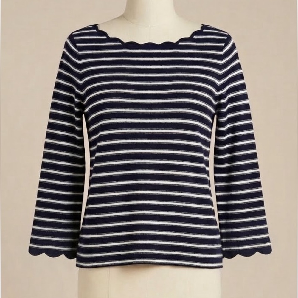 Kate Spade Scalloped Navy White Striped Scoop Boat Neck Knit Top Preppy Nautical